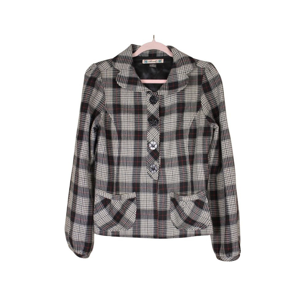 Vtg Threads Black & Gray Retro Preppy Tailored Plaid Blazer Jacket Size S